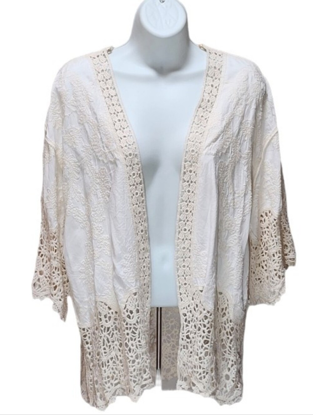Democracy Open Front Crochet Trim Embroidered Kimono Cardigan 3/4 Sleeve Boho M